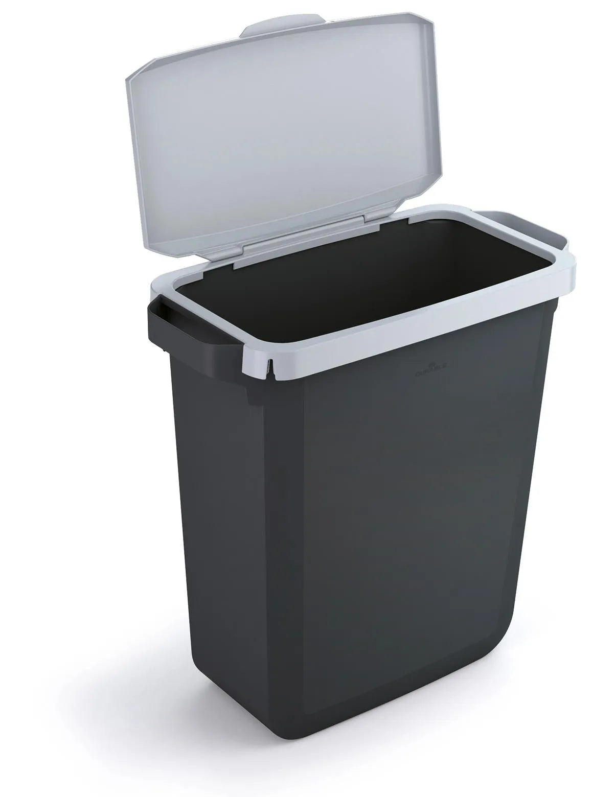 Showing Durable UK's Durable DURABIN ECO Recycled Black Recycling Bin + Grey Hinged Lid | 60L, available as SKU VEH2023026 with EAN 4005546738376.