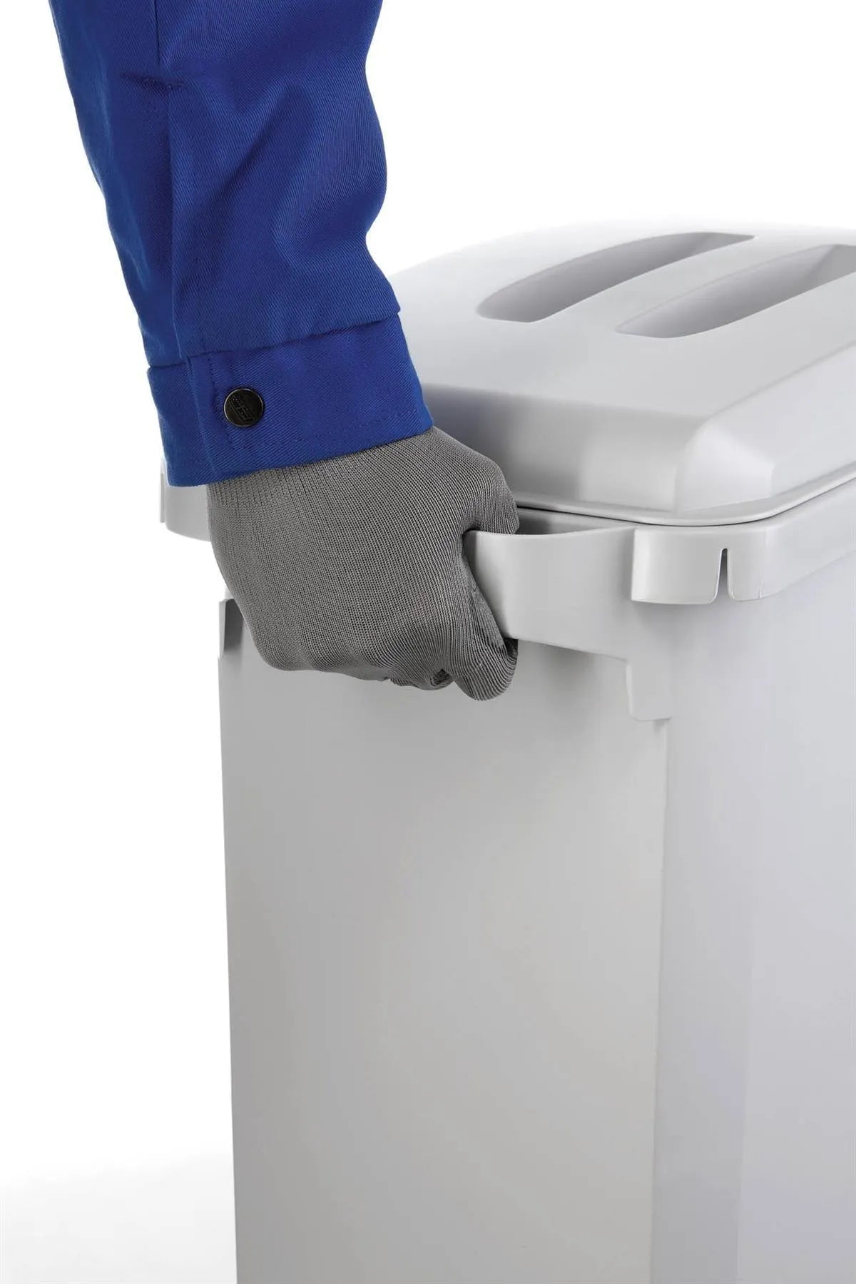 Showing Durable UK's Durable DURABIN Grey Rectangular Recycling Bin + Blue Hinged Slot Lid | 60L, available as SKU VEH2023020 with EAN 4005546738314.