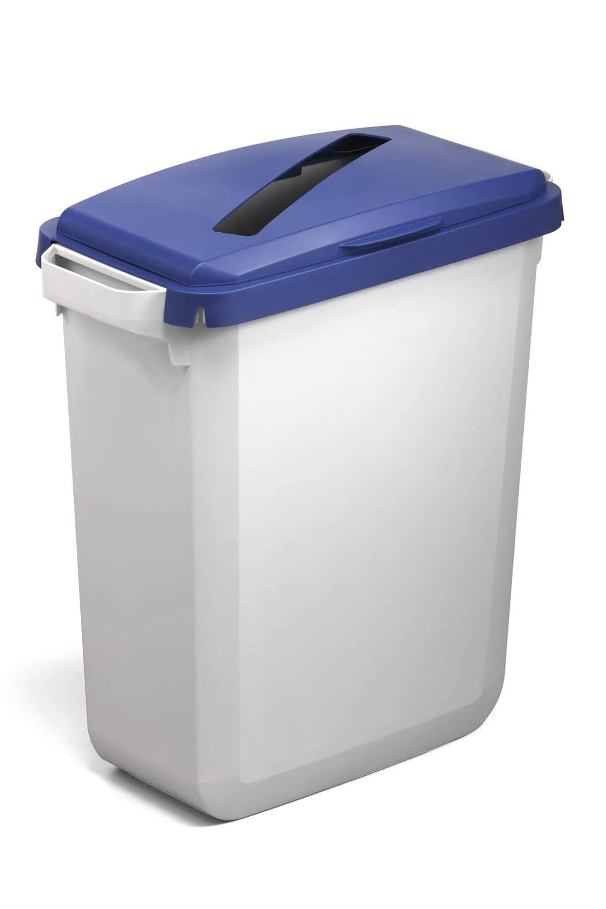 Showing Durable UK's Durable DURABIN Grey Rectangular Recycling Bin + Blue Hinged Slot Lid | 60L, available as SKU VEH2023020 with EAN 4005546738314.