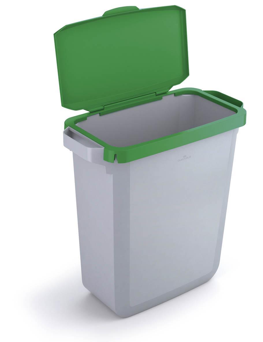 Showing Durable UK's Durable DURABIN Grey Rectangular Recycling Bin + Green Hinged Lid | 60L, available as SKU VEH2022010 with EAN 4005546733937.