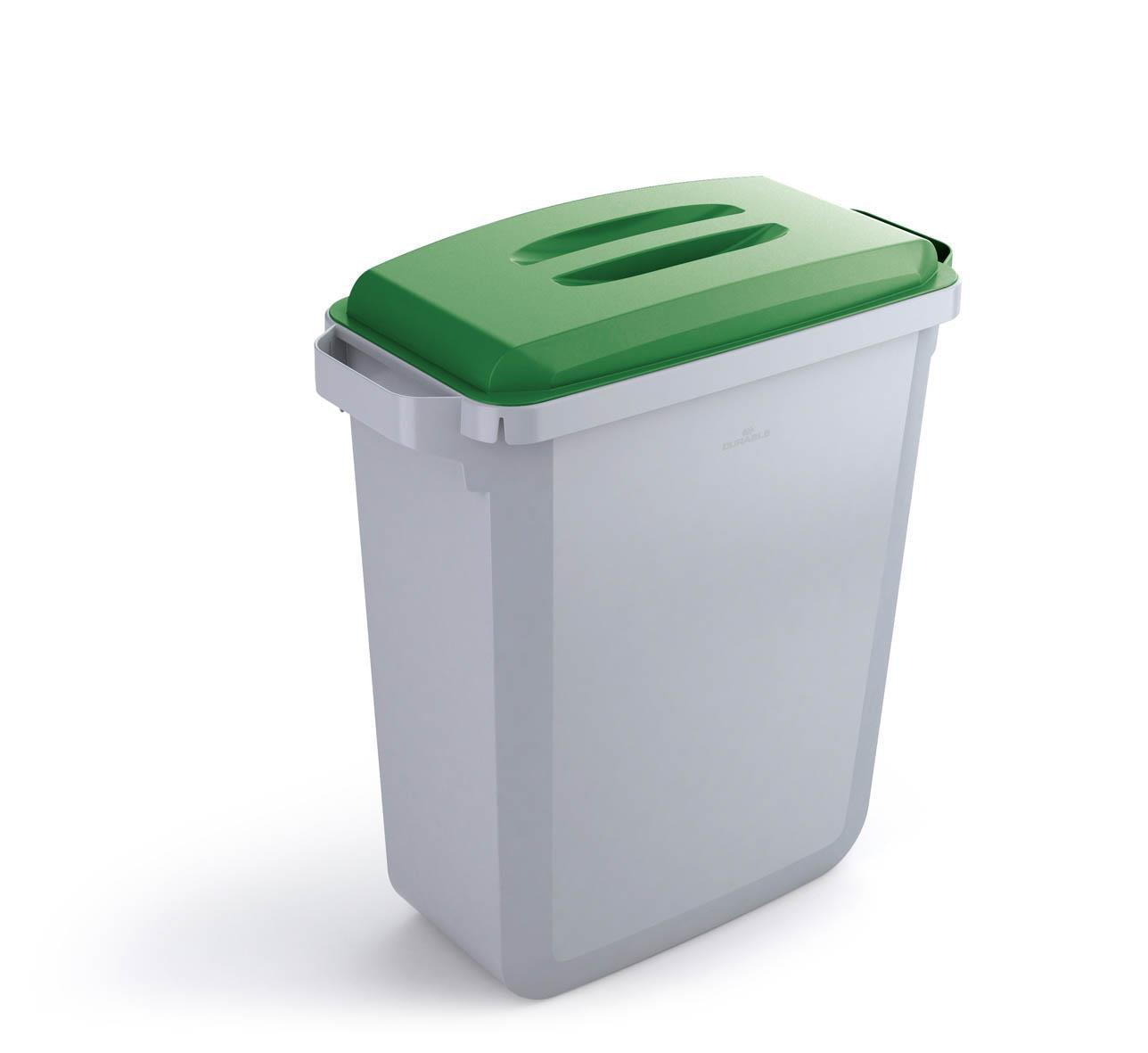 Showing Durable UK's Durable DURABIN Grey Rectangular Recycling Bin + Green Lid | Food Safe | 60L, available as SKU VEH2012028 with EAN 4005546911465.