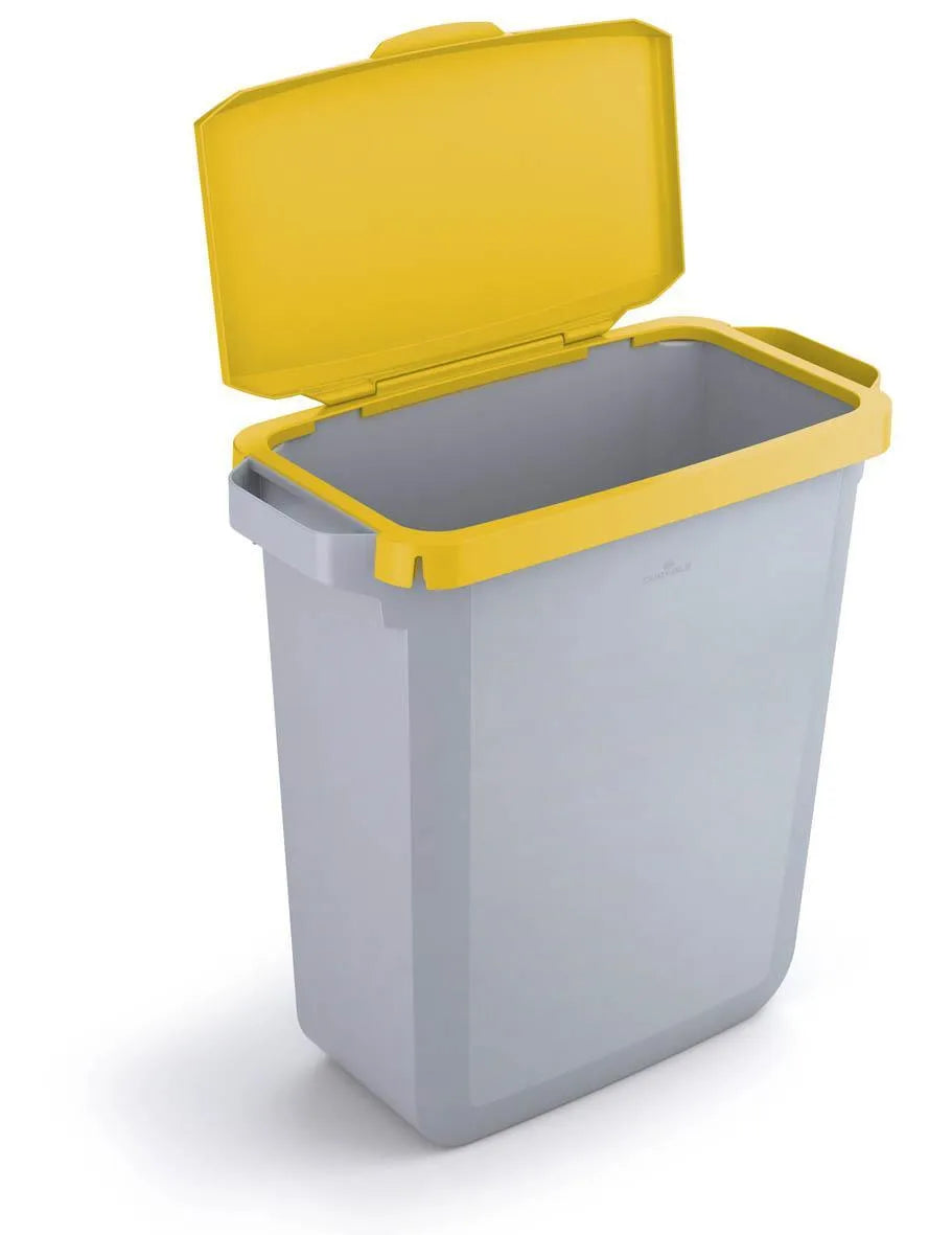 Showing Durable UK's Durable DURABIN Grey Rectangular Recycling Bin + Yellow Hinged Lid | 60L, available as SKU VEH2022009 with EAN 4005546733920.