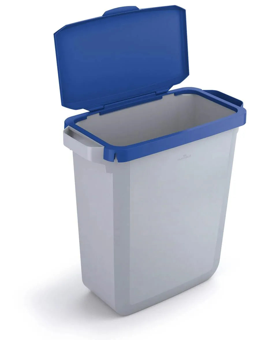 Showing Durable UK's Durable DURABIN Grey Recycling Bin with Blue Hinged Lid + Black Duraframe | 60L, available as SKU VEH2023007 with EAN 4005546736877.