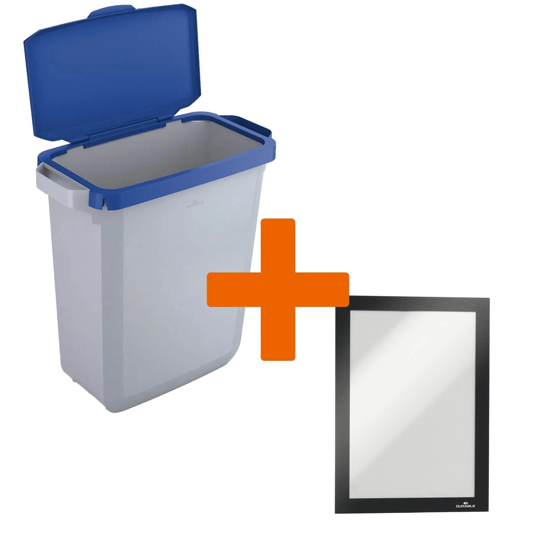 Showing Durable UK's Durable DURABIN Grey Recycling Bin with Blue Hinged Lid + Black Duraframe | 60L, available as SKU VEH2023007 with EAN 4005546736877.