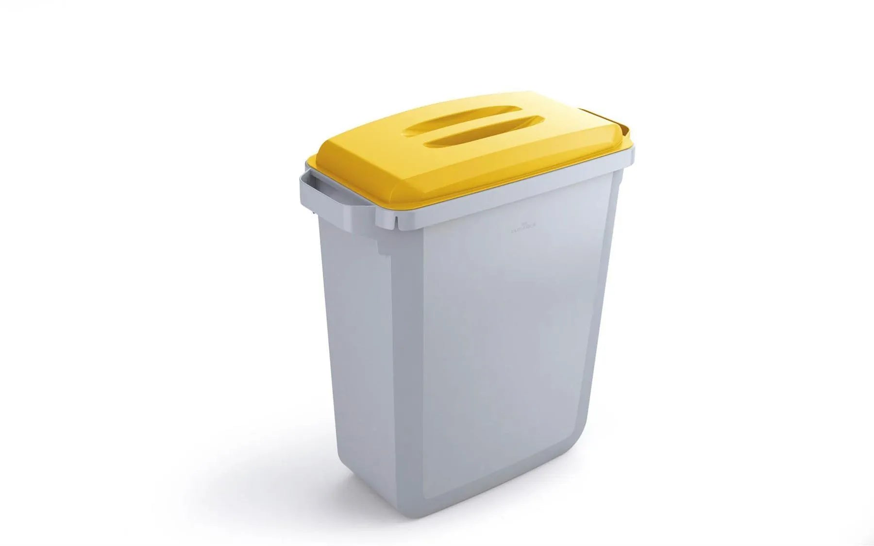 Showing Durable UK's Durable DURABIN Grey Recycling Bin with Yellow Lid + Black Duraframe | 60L, available as SKU VEH2023001 with EAN 4005546736815.