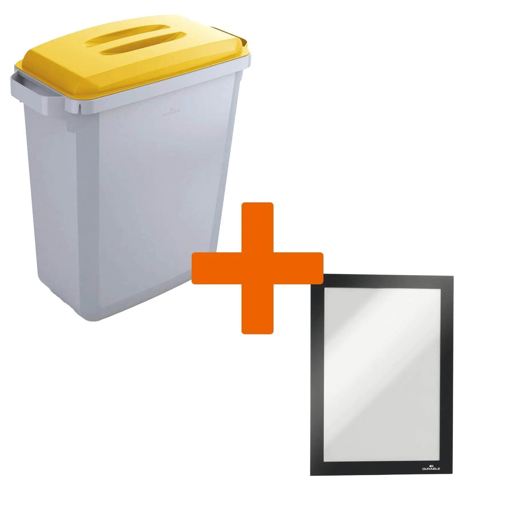 Showing Durable UK's Durable DURABIN Grey Recycling Bin with Yellow Lid + Black Duraframe | 60L, available as SKU VEH2023001 with EAN 4005546736815.