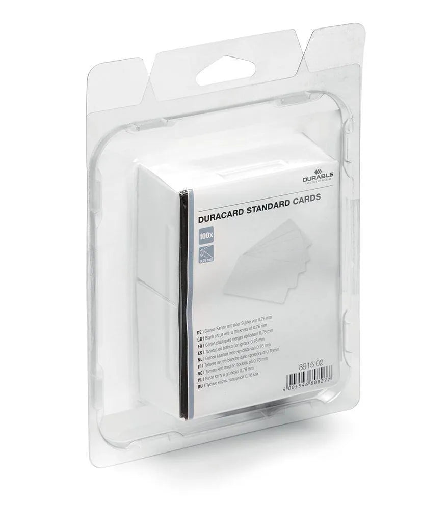 Showing Durable UK's Durable DURACARD ID 300 Premium Plastic Blank Cards 0.75mm | 100 Pack | 54x86mm, available as SKU 891502 with EAN 4005546808277.