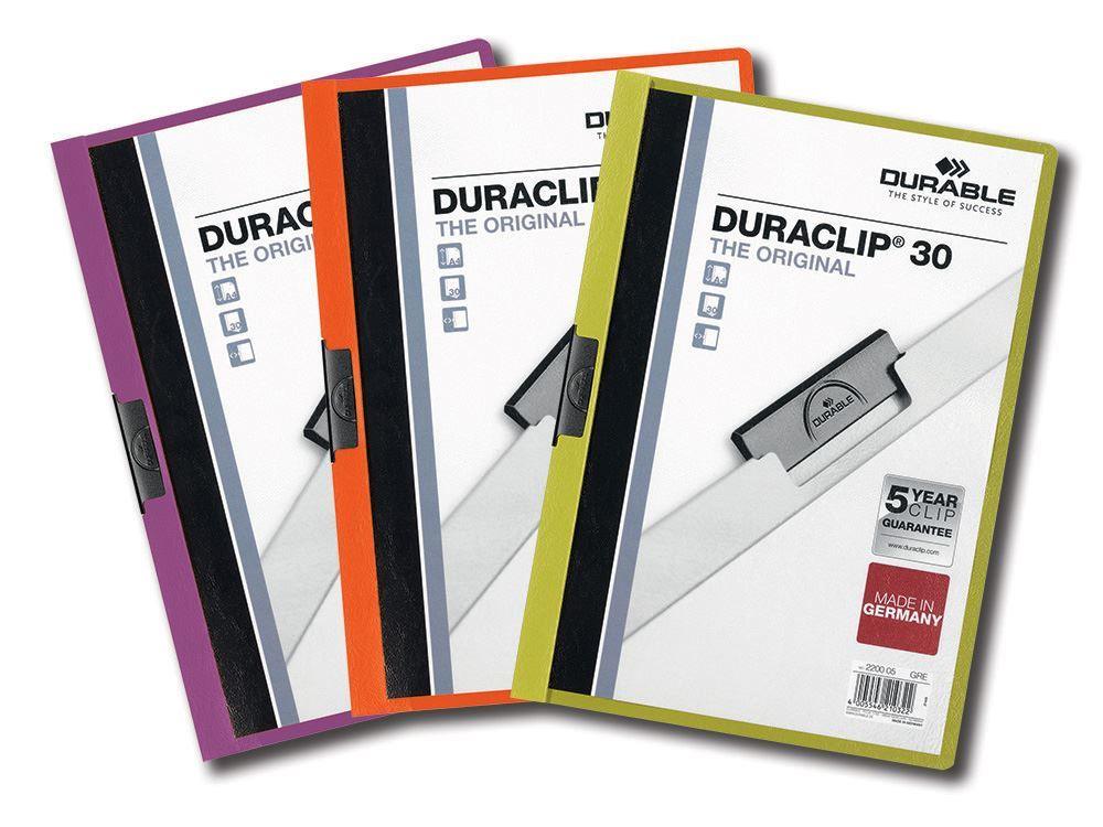 Showing Durable UK's Durable DURACLIP 30 Sheet Document Clip File Folder | 24 Pack | A4 Assorted, available as SKU 999109842-2 with EAN 4005546971421.