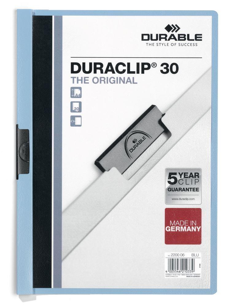 Showing Durable UK's Durable DURACLIP 30 Sheet Document Clip File Folder | 25 Pack | A4 Assorted, available as SKU 220000-25 with EAN 4005546225326.