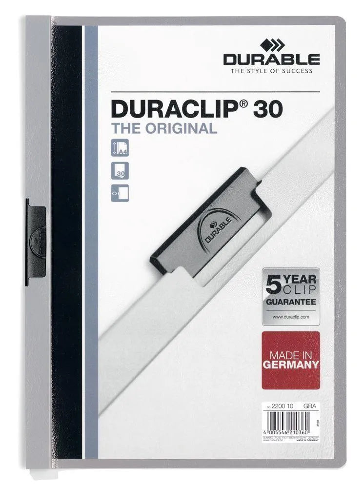 Showing Durable UK's Durable DURACLIP 30 Sheet Document Clip File Folder | 25 Pack | A4 Assorted, available as SKU 220000-25 with EAN 4005546225326.