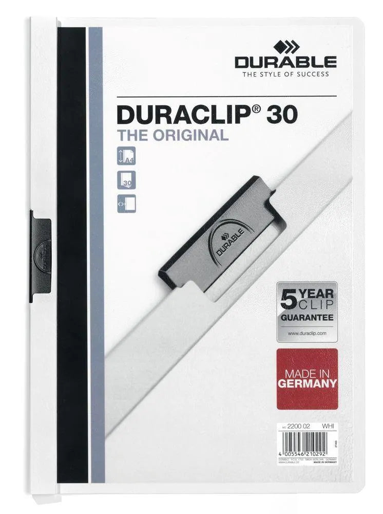 Showing Durable UK's Durable DURACLIP 30 Sheet Document Clip File Folder | 25 Pack | A4 Assorted, available as SKU 220000-25 with EAN 4005546225326.