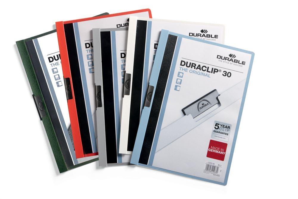 Showing Durable UK's Durable DURACLIP 30 Sheet Document Clip File Folder | 25 Pack | A4 Assorted, available as SKU 220000-25 with EAN 4005546225326.