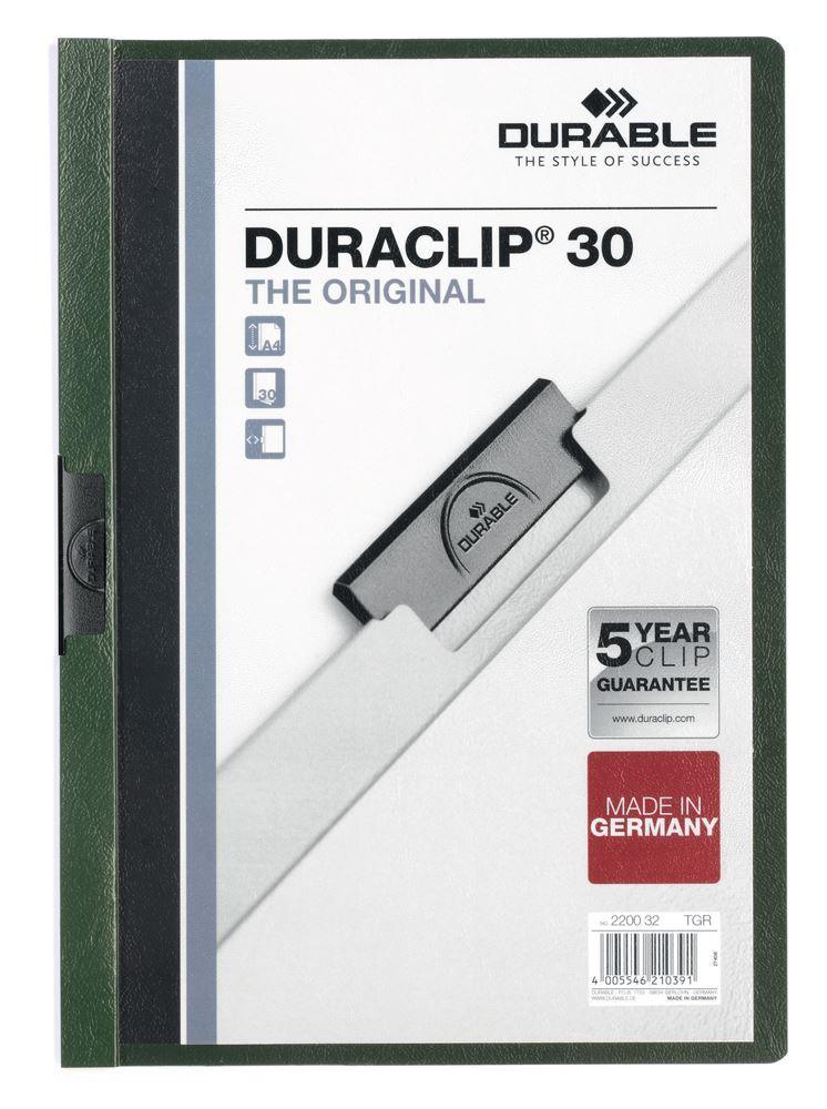 Showing Durable UK's Durable DURACLIP 30 Sheet Document Clip File Folder | 25 Pack | A4 Dark Green, available as SKU 220032-25 with EAN 4005546210391.