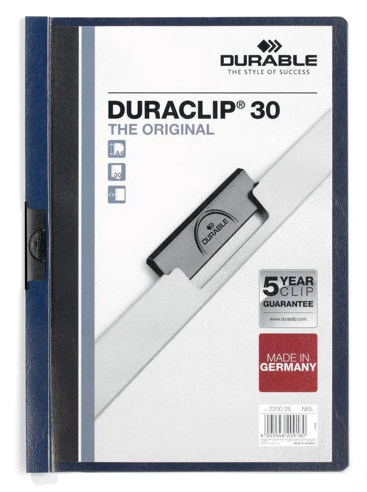 Showing Durable UK's Durable DURACLIP 30 Sheet Document Clip File Folder | 25 Pack | A4 Midnight Blue, available as SKU 220028-25 with EAN 4005546209180.