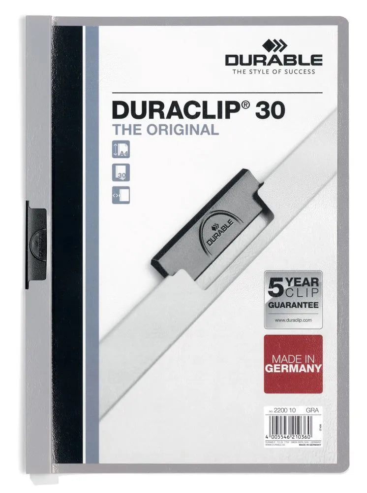 Showing Durable UK's Durable DURACLIP 30 Sheet Document Metal Clip File Folder | 25 Pack | A4 Grey, available as SKU 220010-25 with EAN 4005546210360.