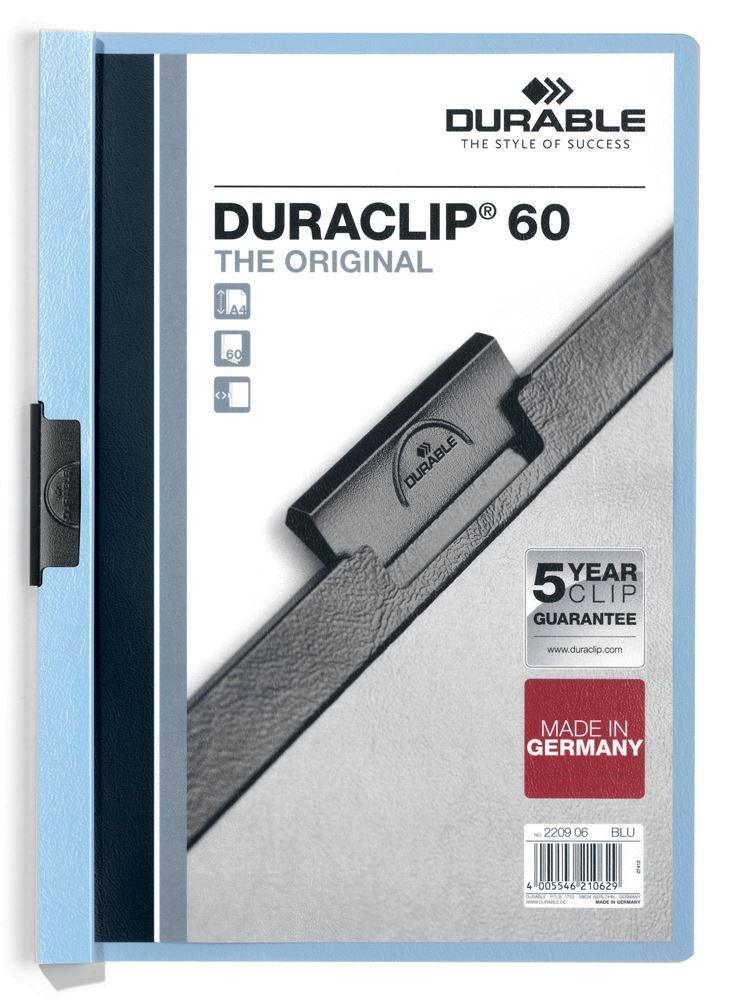 Showing Durable UK's Durable DURACLIP 60 Sheet Document Clip File Folder | 25 Pack | A4 Blue, available as SKU 220906-25 with EAN 4005546210629.