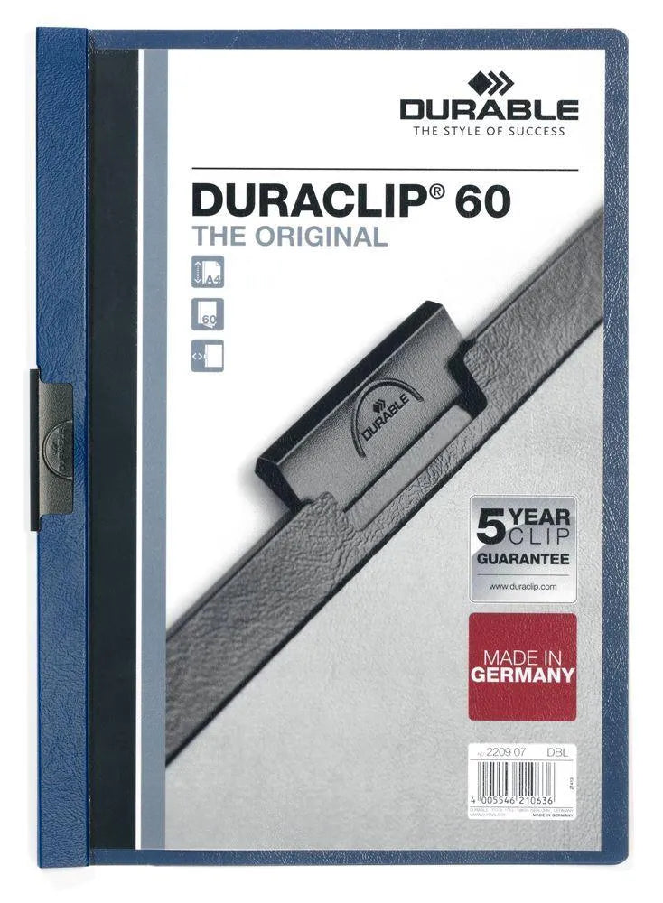 Showing Durable UK's Durable DURACLIP 60 Sheet Document Clip File Folder | 25 Pack | A4 Dark Blue, available as SKU 220907-25 with EAN 4005546210636.