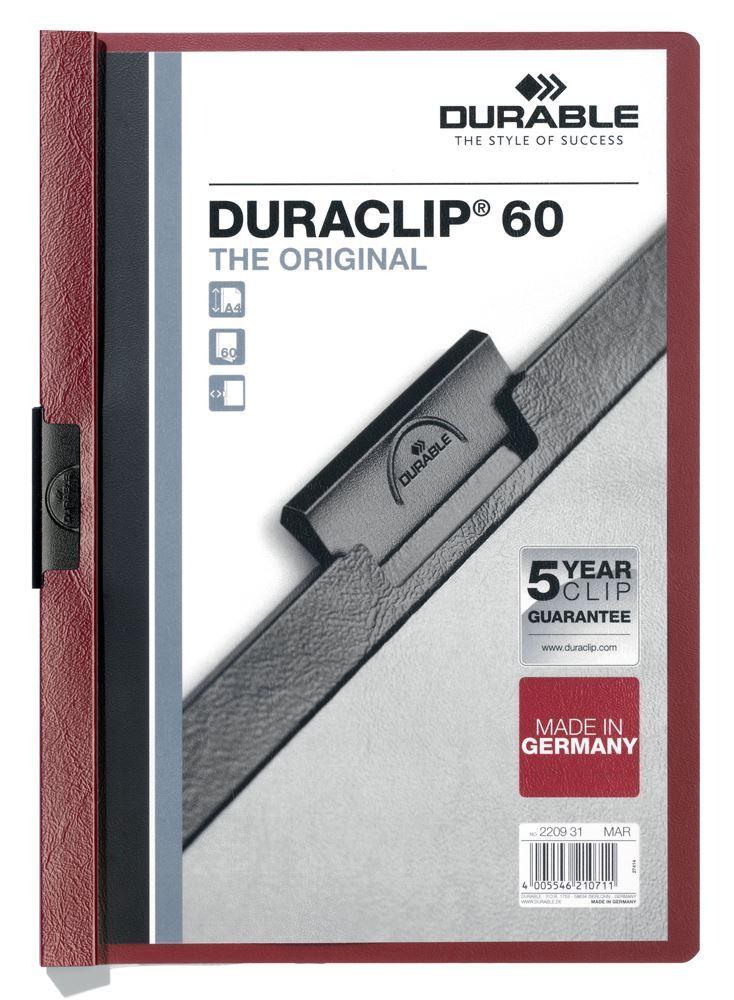 Showing Durable UK's Durable DURACLIP 60 Sheet Document Clip File Folder | 25 Pack | A4 Dark Red, available as SKU 220931-25 with EAN 4005546210711.