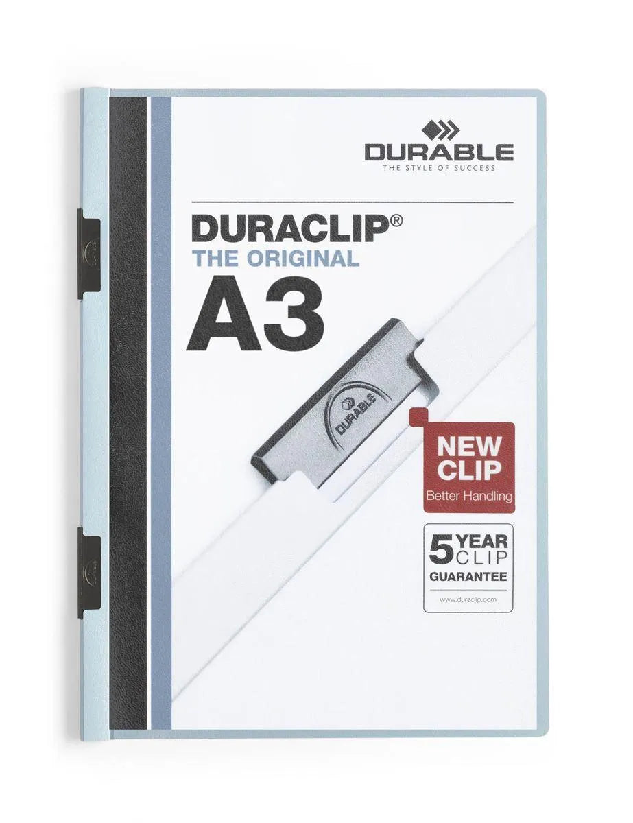 Showing Durable UK's Durable DURACLIP 60 Sheet Document Metal Clip File Folder | 10 Pack | A3 Blue, available as SKU 221806-10 with EAN 4005546200132.