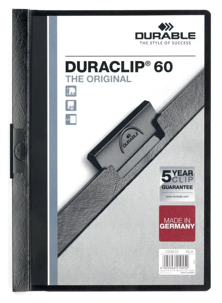 Showing Durable UK's Durable DURACLIP 60 Sheet Document Metal Clip File Folder | 25 Pack | A4 Black, available as SKU 220901-25 with EAN 4005546210452.