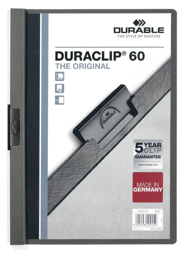 Showing Durable UK's Durable DURACLIP 60 Sheet Document Metal Clip File Folder | 25 Pack | A4 Grey, available as SKU 220957-25 with EAN 4005546209159.