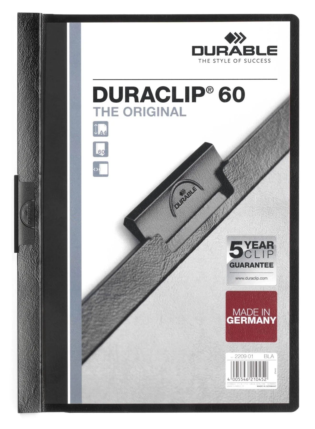 Showing Durable UK's Durable DURACLIP 60 Sheet Document Metal Clip File Folder | 5 Pack | A4 Black, available as SKU 223801-5 with EAN 4005546224039.