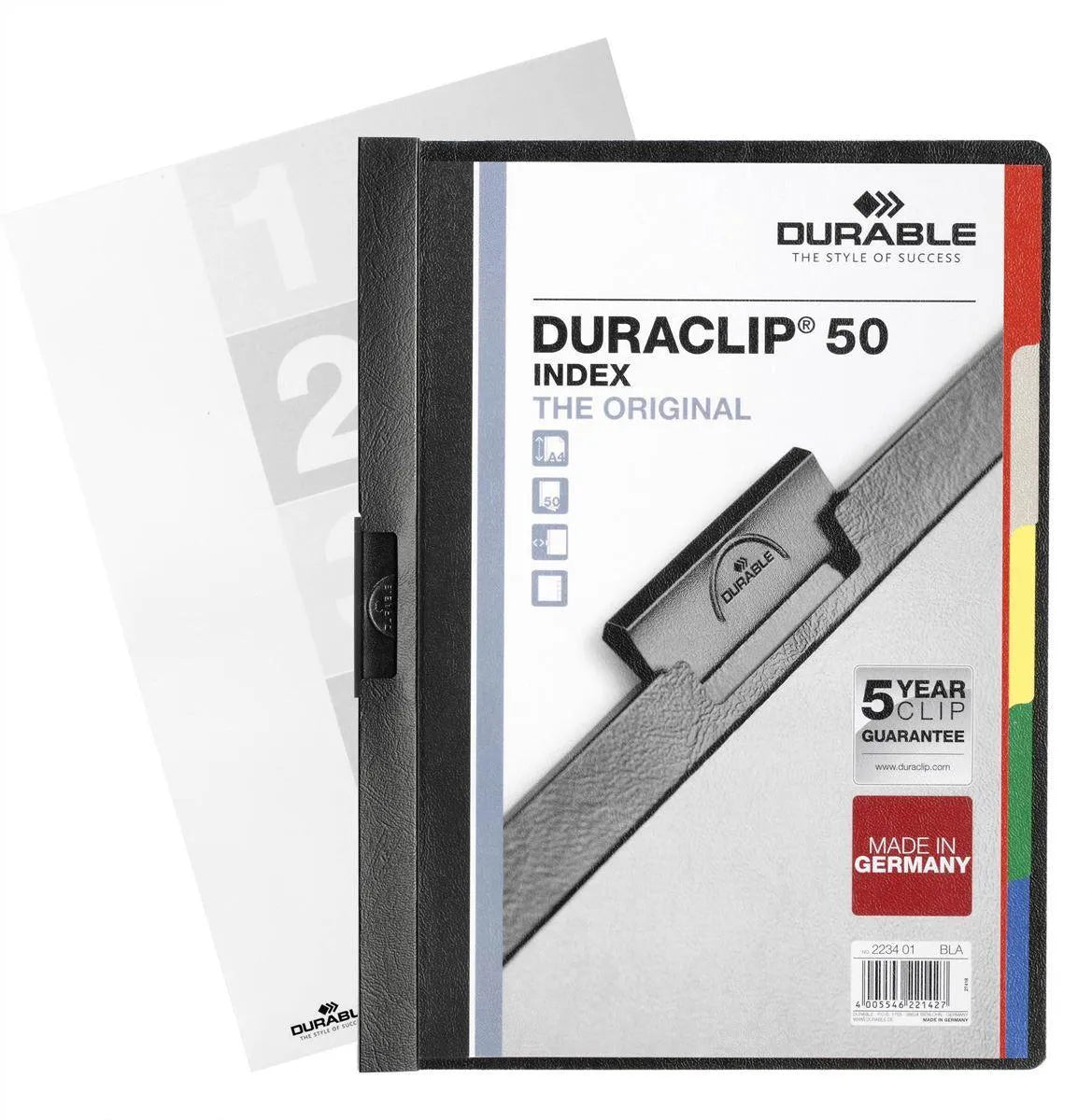 Showing Durable UK's Durable DURACLIP INDEX 50 Sheet Document Clip File Folder | 25 Pack | A4 Black, available as SKU 223401-25 with EAN 4005546221427.