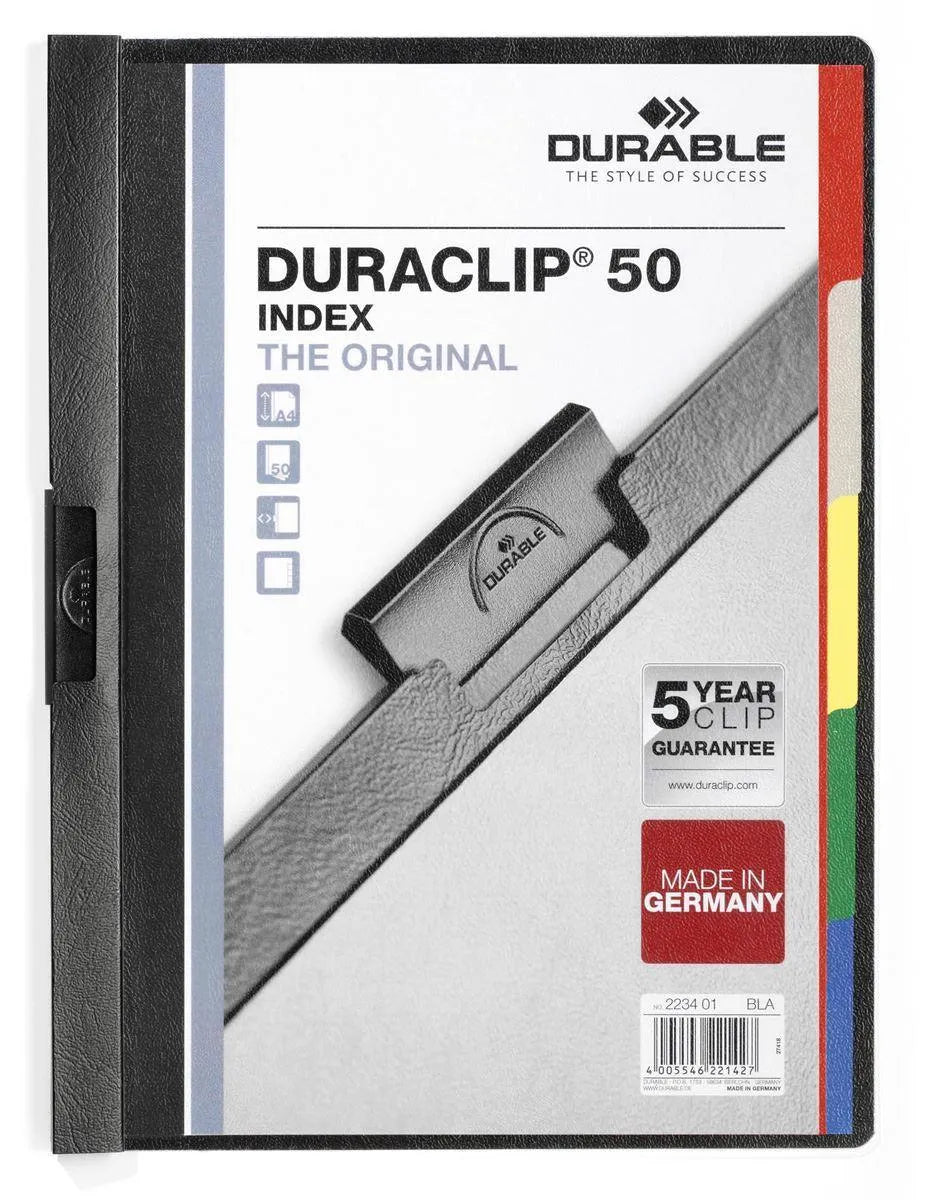 Showing Durable UK's Durable DURACLIP INDEX 50 Sheet Document Clip File Folder | 25 Pack | A4 Black, available as SKU 223401-25 with EAN 4005546221427.