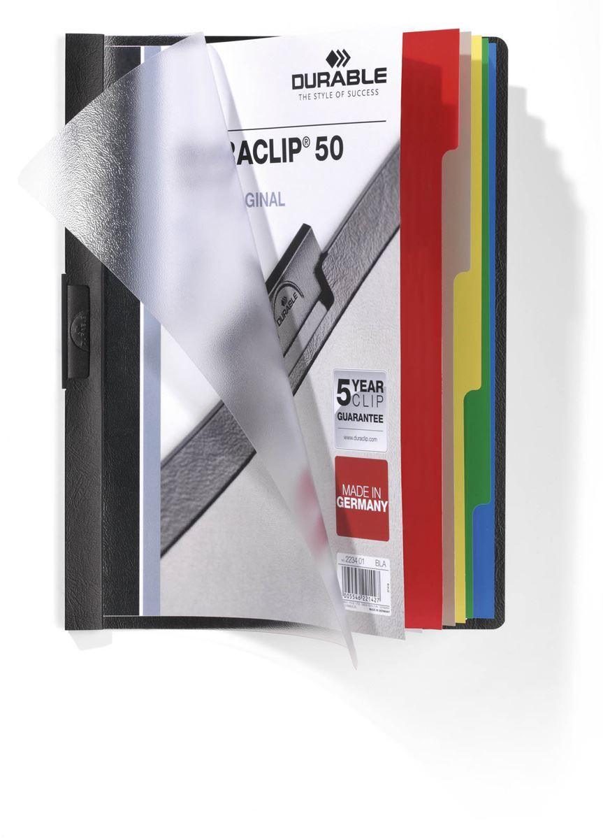 Showing Durable UK's Durable DURACLIP INDEX 50 Sheet Document Clip File Folder | 25 Pack | A4 Black, available as SKU 223401-25 with EAN 4005546221427.