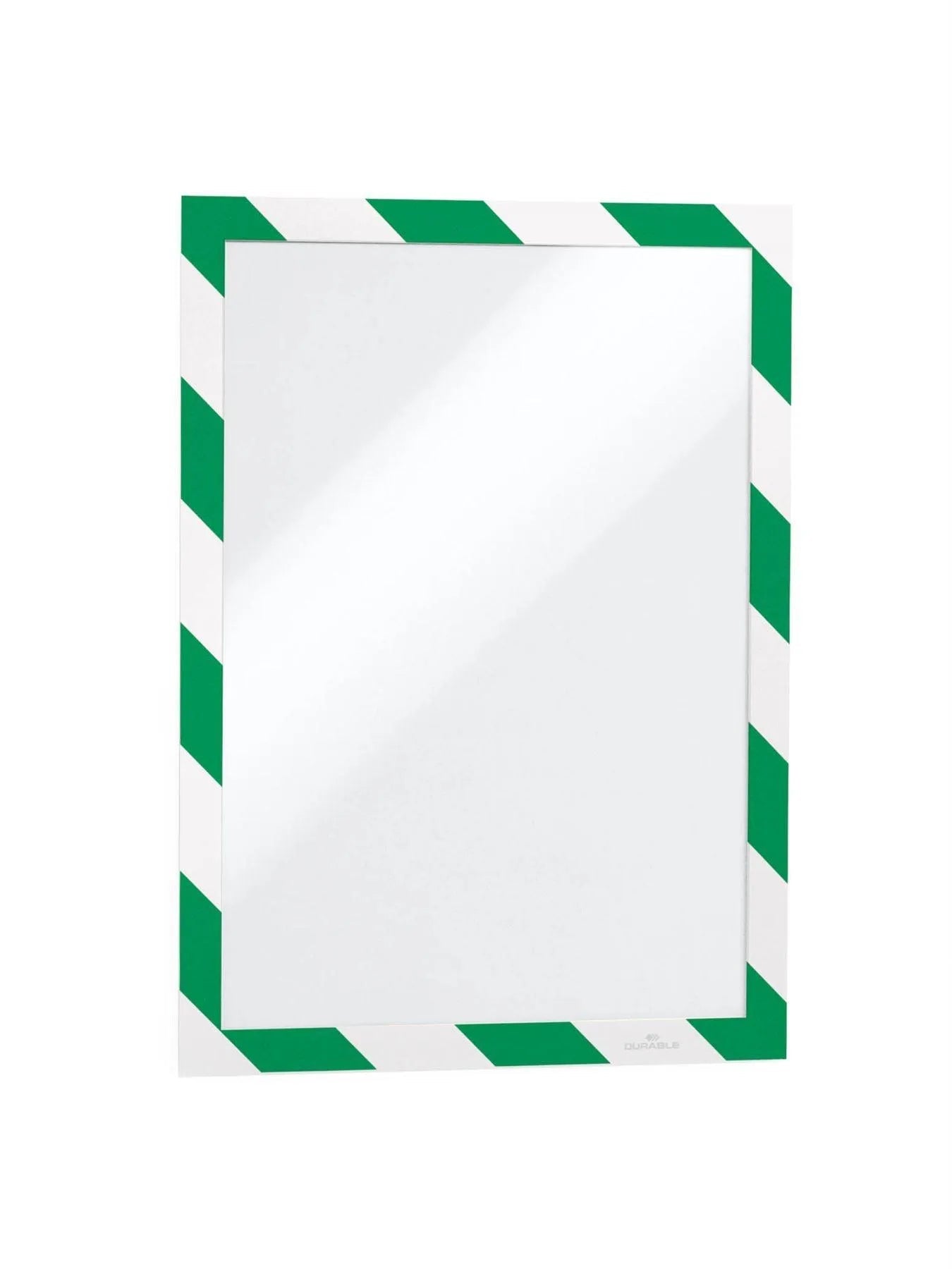 Showing Durable UK's Durable DURAFRAME Adhesive Magnetic Hazard Frame | 2 Pack | A4 Green & White, available as SKU 4944131 with EAN 4005546406558.