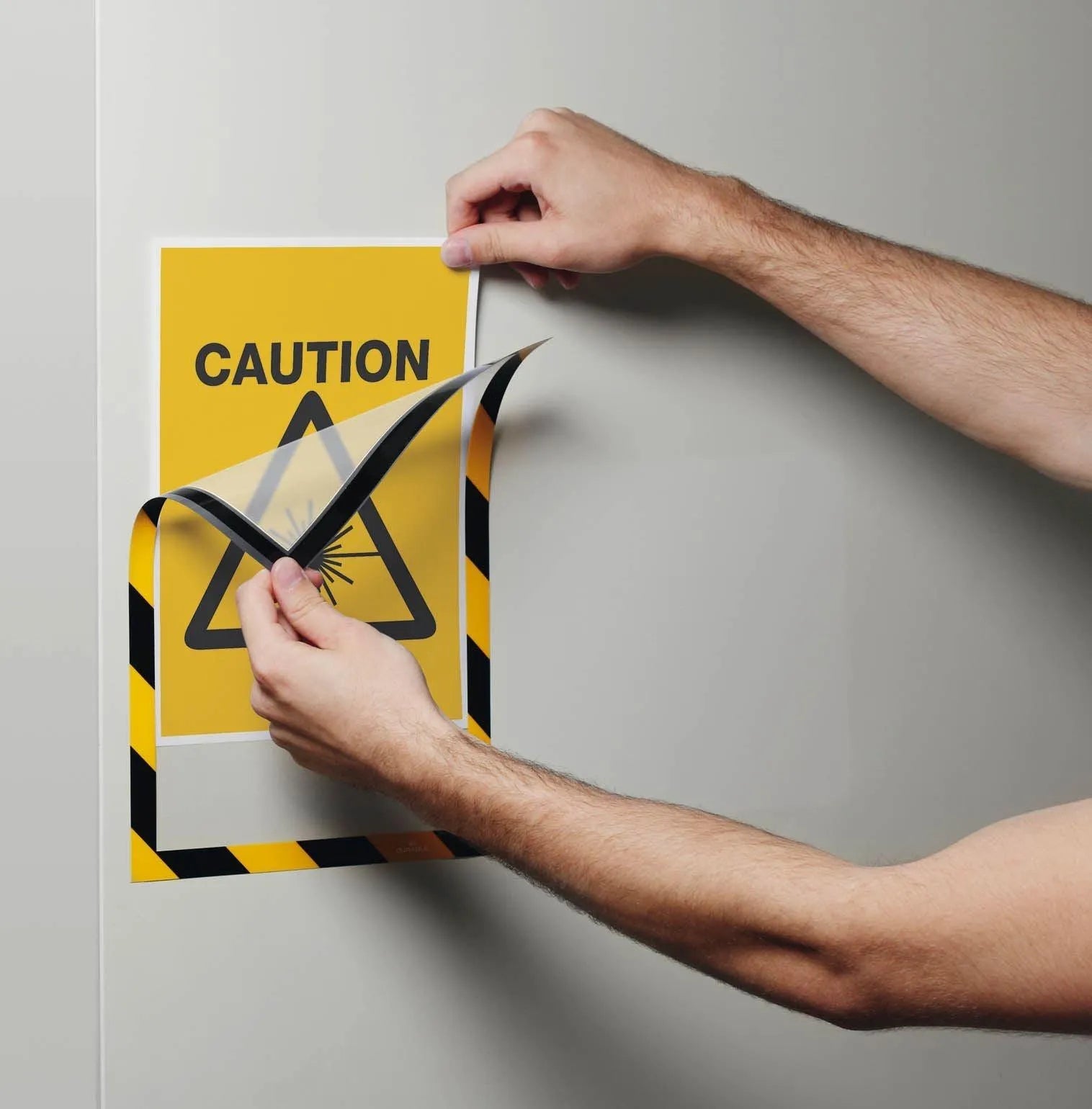 Showing Durable UK's Durable DURAFRAME Magnetic Signage Hazard Frame | 5 Pack | A4 Yellow & Black, available as SKU 4945130 with EAN 4005546406572.