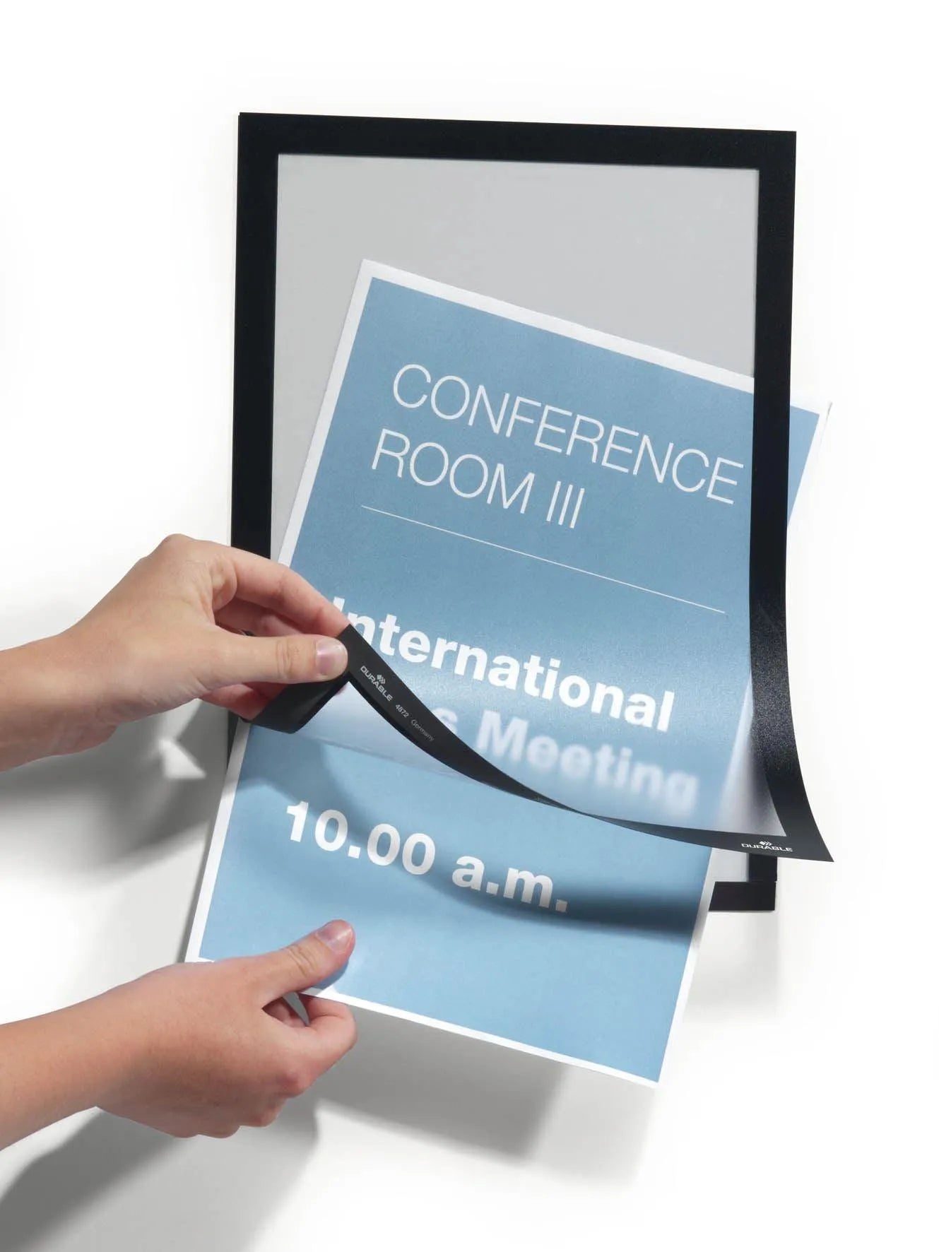 Showing Durable UK's Durable DURAFRAME Self Adhesive Magnetic Signage Frame | A4 Black, available as SKU 489901 with EAN 4005546406008.