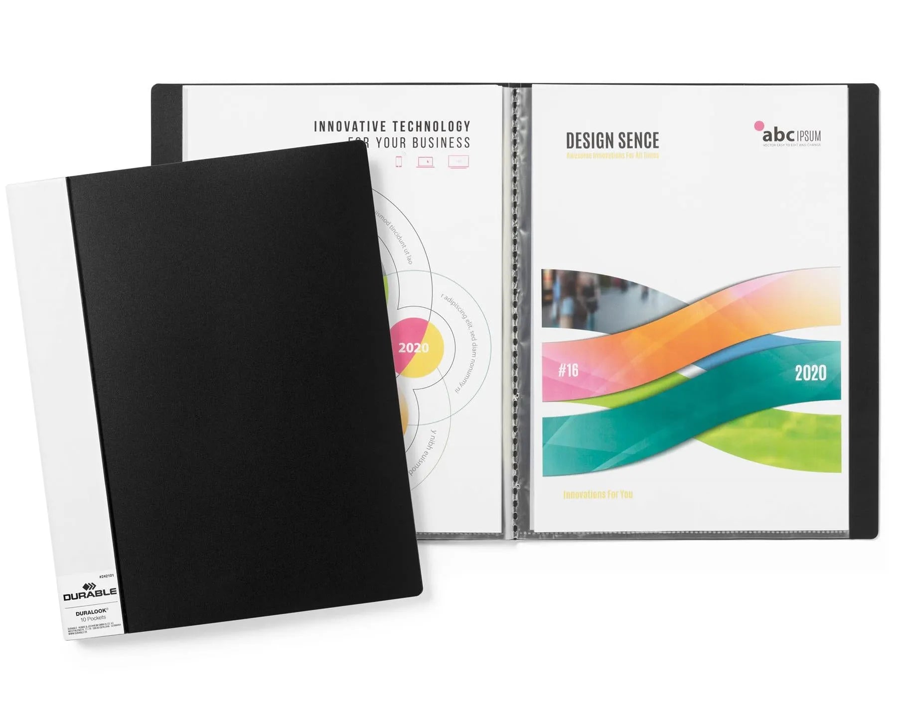 Showing Durable UK's Durable DURALOOK 10 Pocket Display Book Portfolio | 5 Pack | A4 Black, available as SKU 242101-5 with EAN 4005546241128.