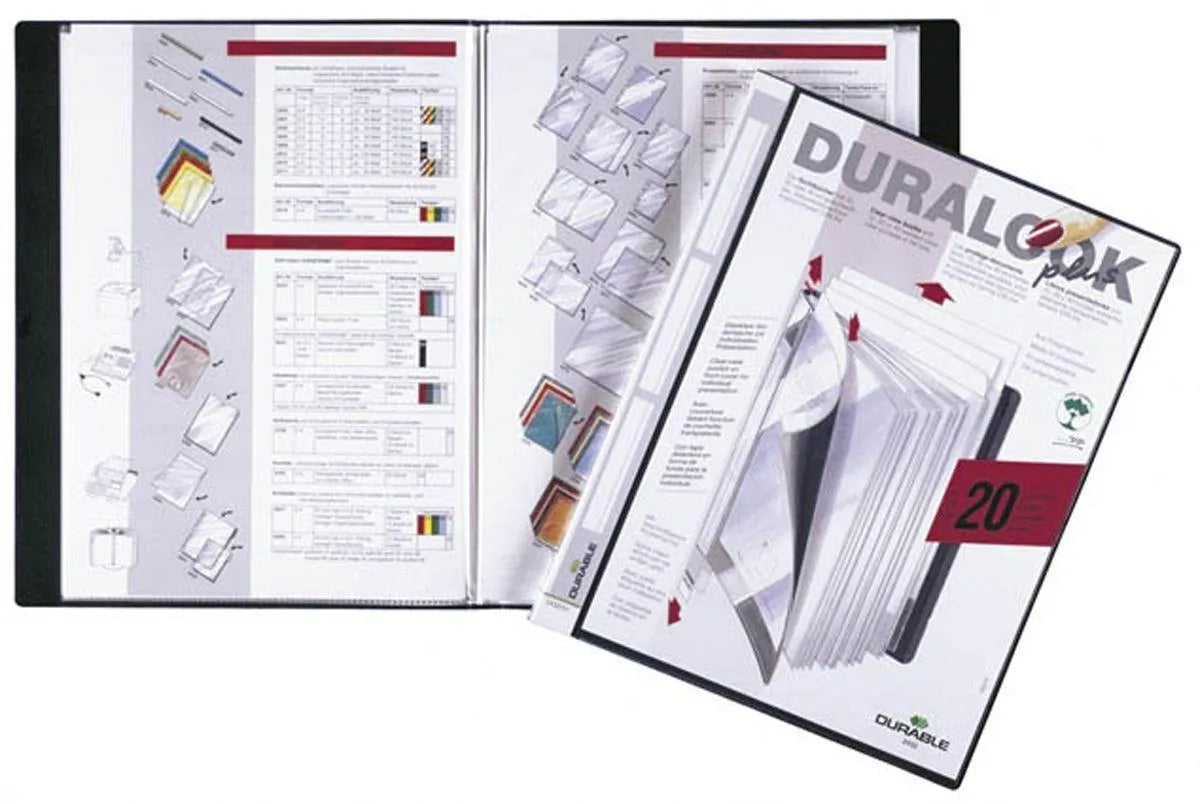 Showing Durable UK's Durable DURALOOK PLUS 20 Pocket Display Book Portfolio | 5 Pack | A4 Black, available as SKU 243201-5 with EAN 4005546241548.