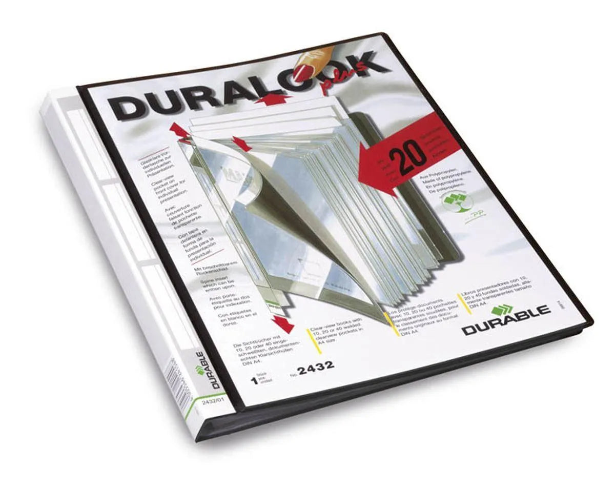 Showing Durable UK's Durable DURALOOK PLUS 20 Pocket Display Book Portfolio | 5 Pack | A4 Black, available as SKU 243201-5 with EAN 4005546241548.