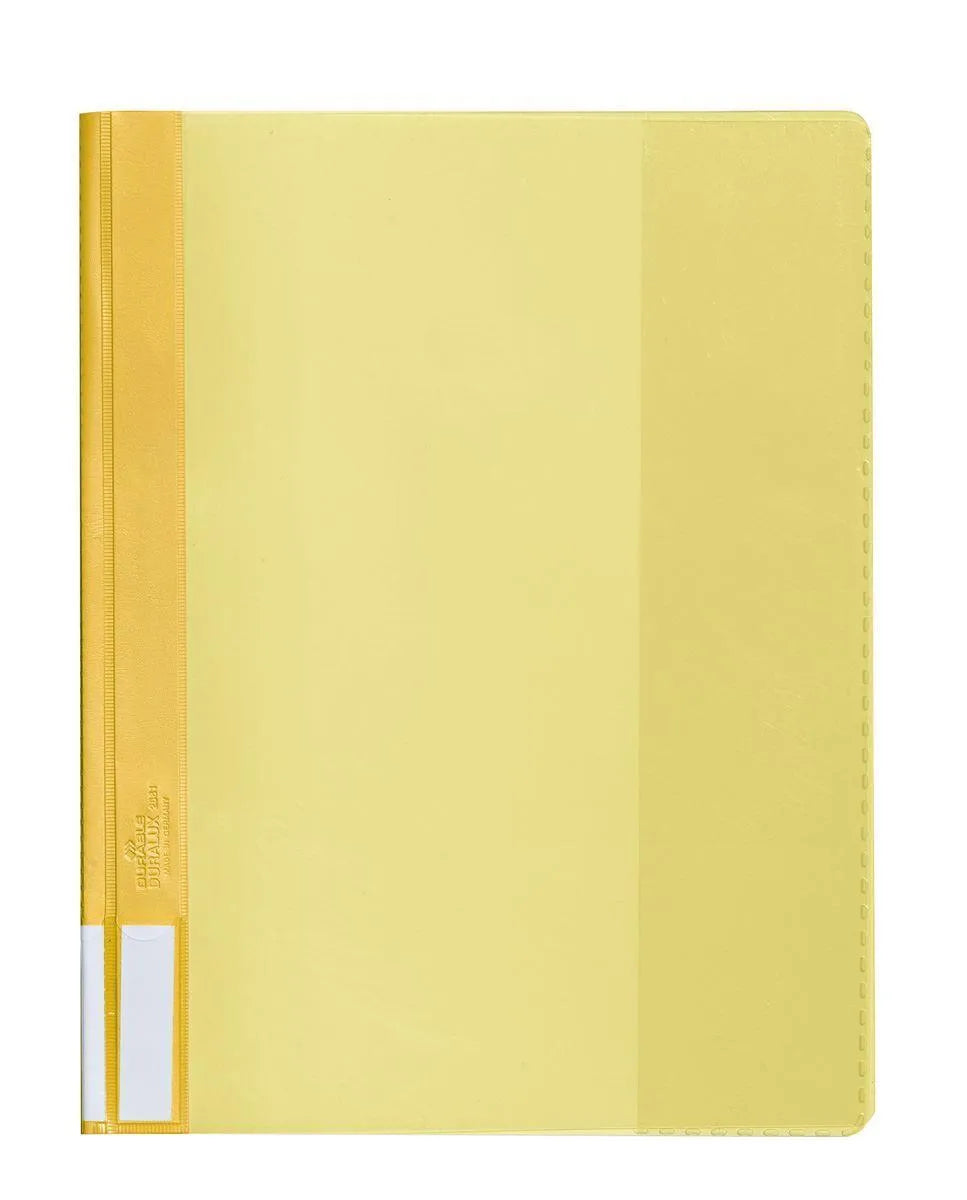 Showing Durable UK's Durable DURALUX Clear View Project Folder Report File | 25 Pack | A4+ Yellow, available as SKU 268104-25 with EAN 4005546218885.