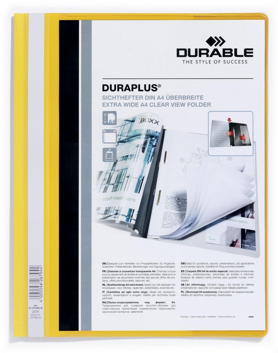 Showing Durable UK's Durable DURAPLUS Project Folder Document Report File | 25 Pack | A4+ Yellow, available as SKU 257904-25 with EAN 4005546267937.