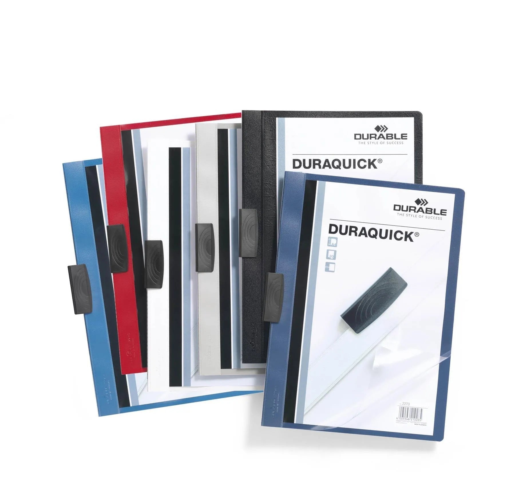 Showing Durable UK's Durable DURAQUICK 20 Sheet Document Clip File Folder | 20 Pack | A4 Black, available as SKU 227001-20 with EAN 4005546202464.