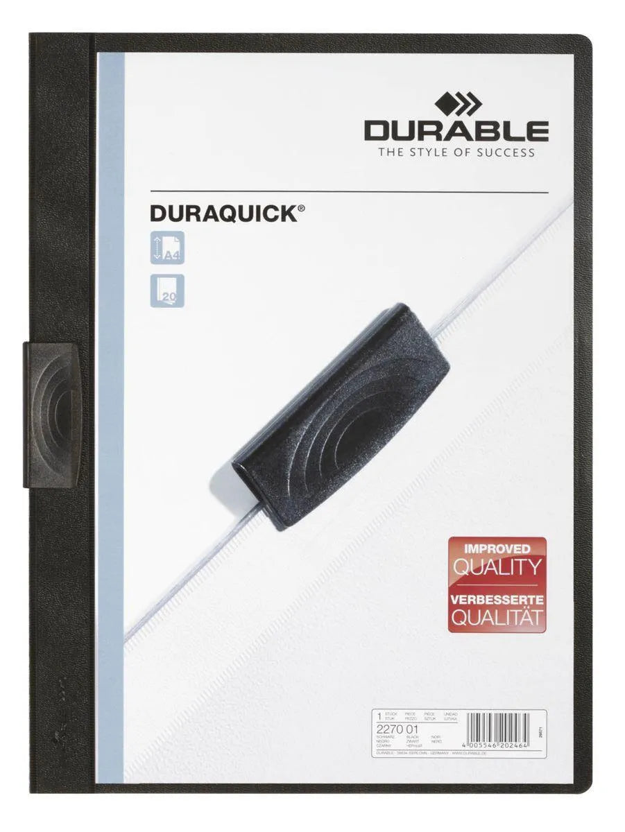 Showing Durable UK's Durable DURAQUICK 20 Sheet Document Clip File Folder | 20 Pack | A4 Black, available as SKU 227001-20 with EAN 4005546202464.