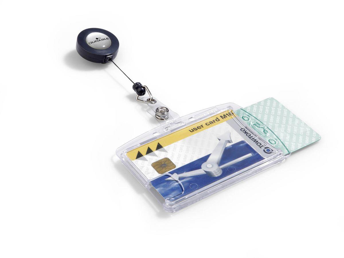 Showing Durable UK's Durable Enclosed 2 Card Badge Reel Security Pass ID Holders | 25 Pack | Clear, available as SKU 822419 with EAN 4005546802770.