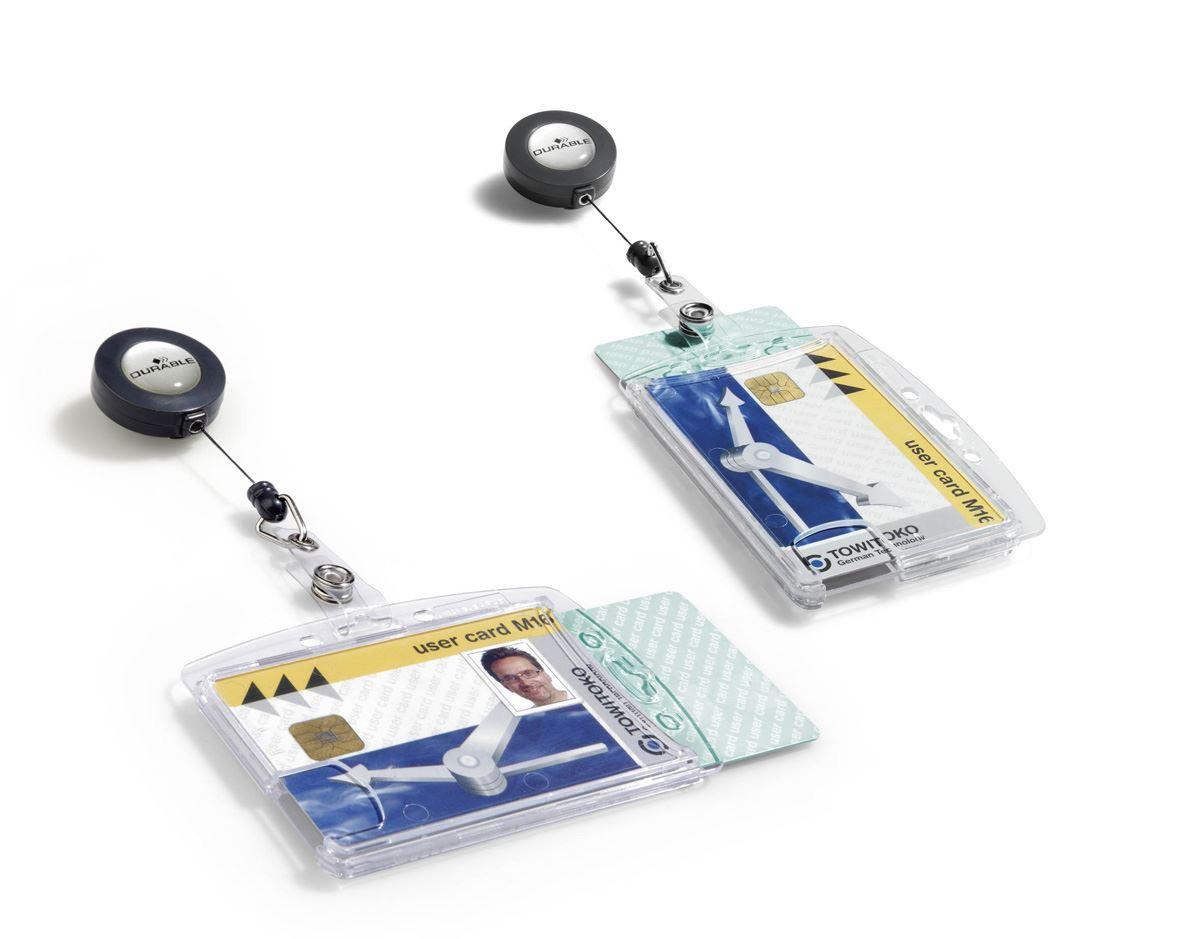 Showing Durable UK's Durable Enclosed 2 Card Badge Reel Security Pass ID Holders | 25 Pack | Clear, available as SKU 822419 with EAN 4005546802770.