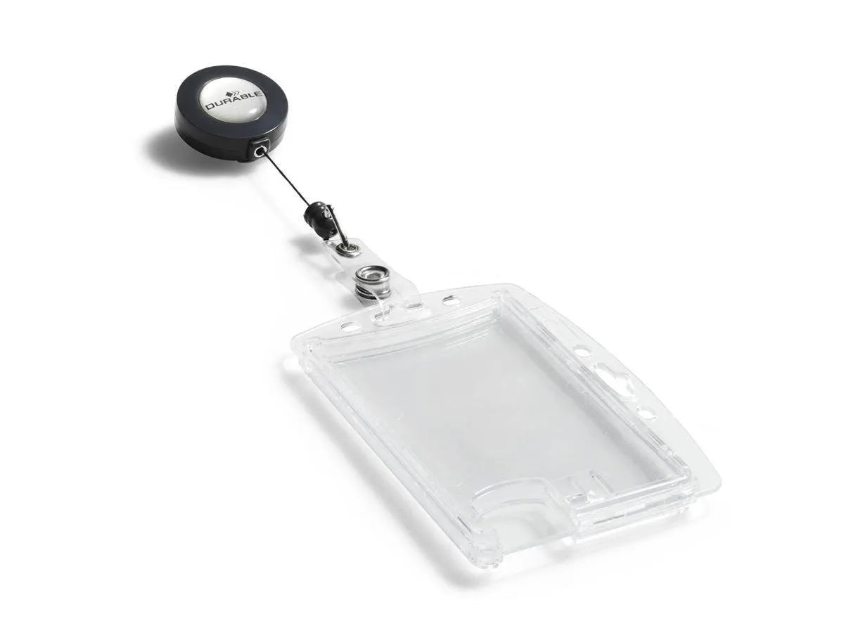 Showing Durable UK's Durable Enclosed 2 Card Badge Reel Security Pass ID Holders | 25 Pack | Clear, available as SKU 822419 with EAN 4005546802770.