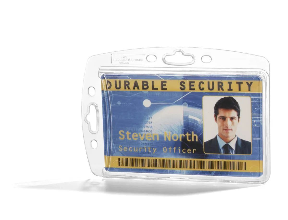 Showing Durable UK's Durable Enclosed Security Pass ID Card Holder for Lanyards | 10 Pack | Clear, available as SKU 890519 with EAN 4005546807621.