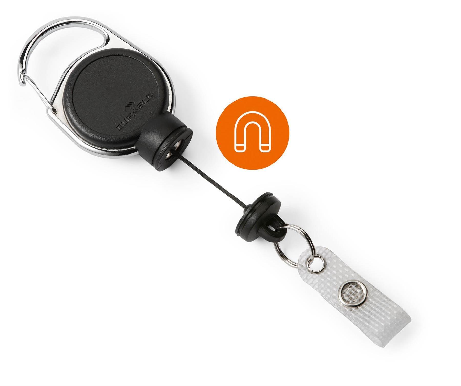 Showing Durable UK's Durable Extra Strong Retractable Clip Badge Reels for ID & Keys | Black, available as SKU 832901 with EAN 4005546981796.