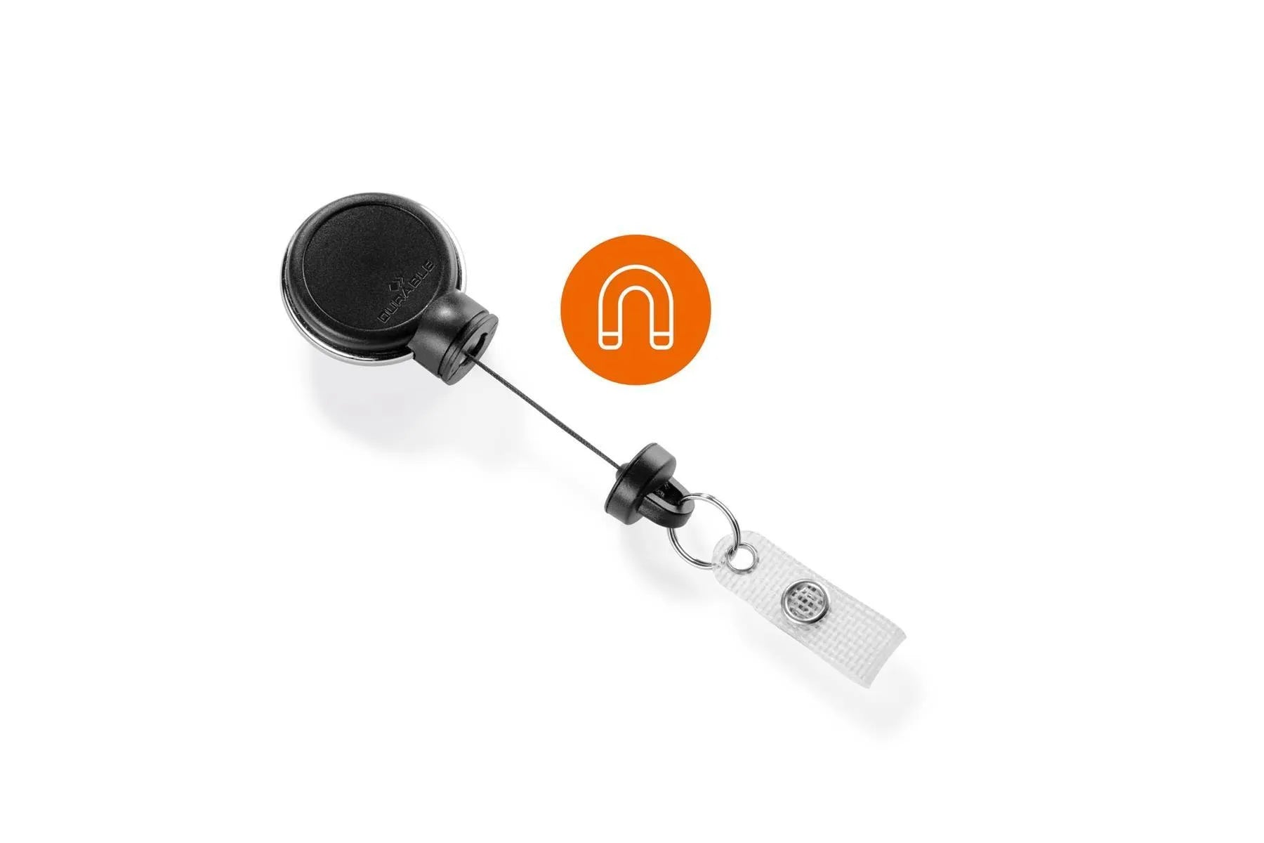 Showing Durable UK's Durable Extra Strong Retractable Clip Badge Reels for ID & Keys | Black, available as SKU 834901 with EAN 4005546725956.