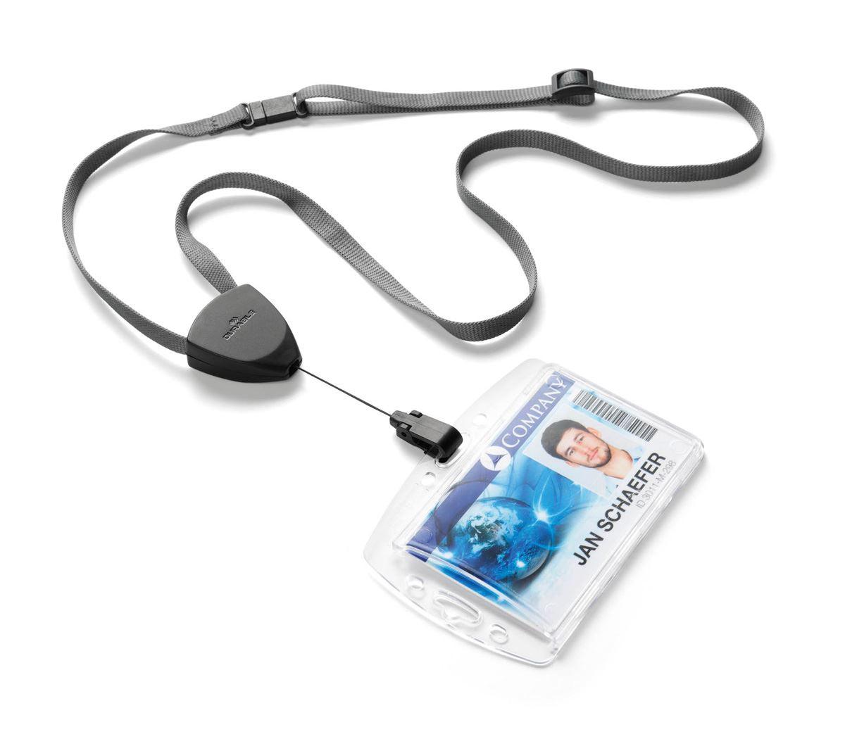 Showing Durable UK's Durable FLEX Adjustable Badge Reel and Soft Breakaway Lanyard | 10 Pack | Black, available as SKU 830901 with EAN 4005546808598.