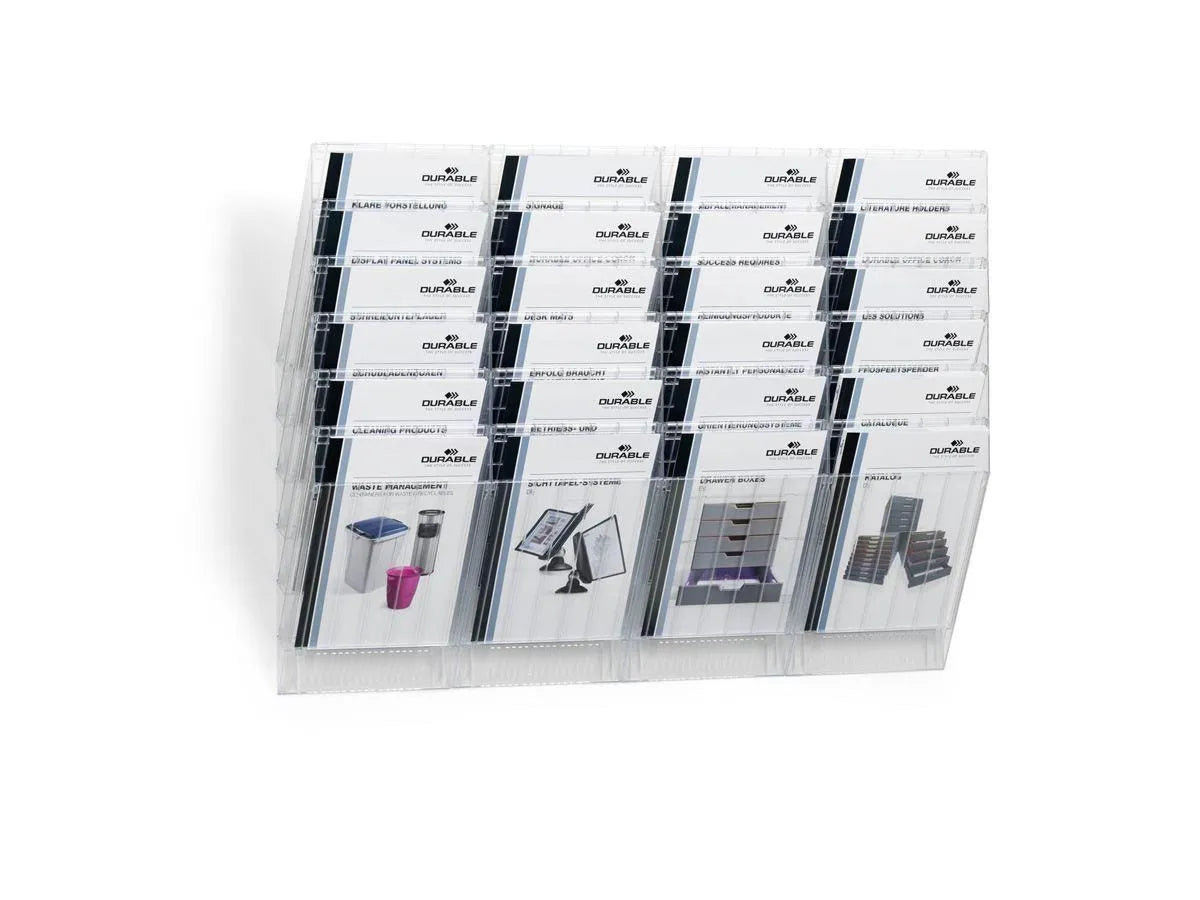 Showing Durable UK's Durable FLEXIBOXX 6 Wall Mounted Literature Tray | A4 Portrait | Clear, available as SKU 1709760400 with EAN 7318089760405.