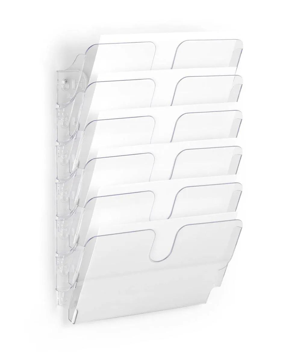 Showing Durable UK's Durable FLEXIPLUS 6 Wall Mounted Literature Tray | A4 Landscape | Clear, available as SKU 1700014401 with EAN 7318080014408.