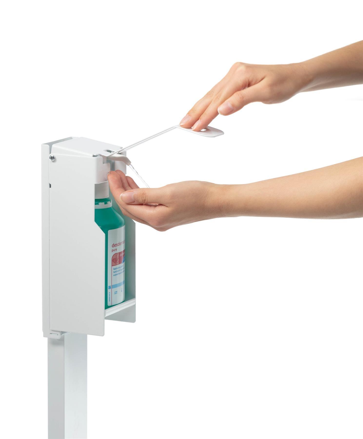 Showing Durable UK's Durable Hand Sanitiser Disinfectant Dispenser Floor Stand | White, available as SKU 589102 with EAN 4005546727370.