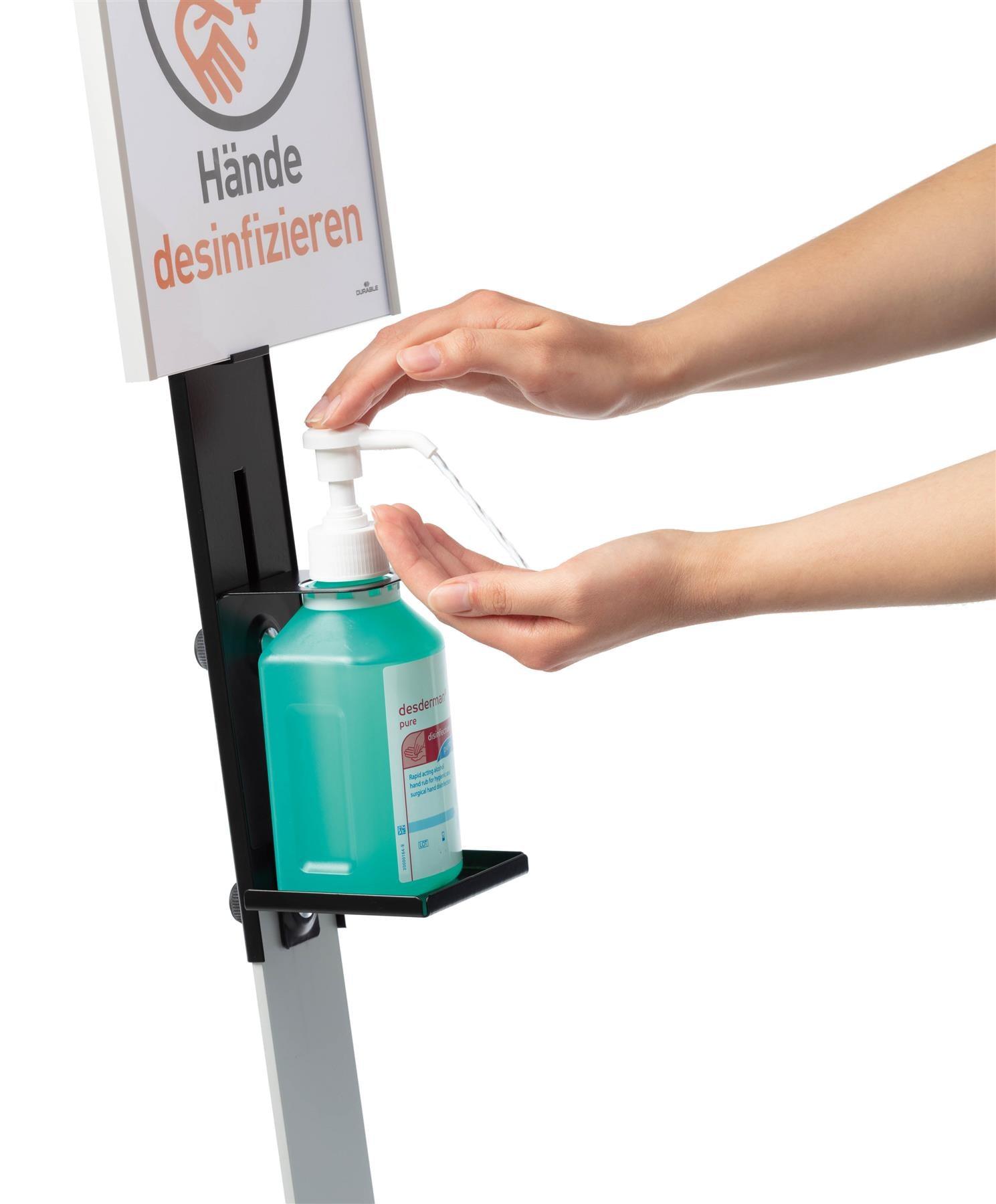 Showing Durable UK's Durable Hand Sanitiser Disinfectant Dispenser Floor Stand with Sign | White, available as SKU 589223 with EAN 4005546727387.